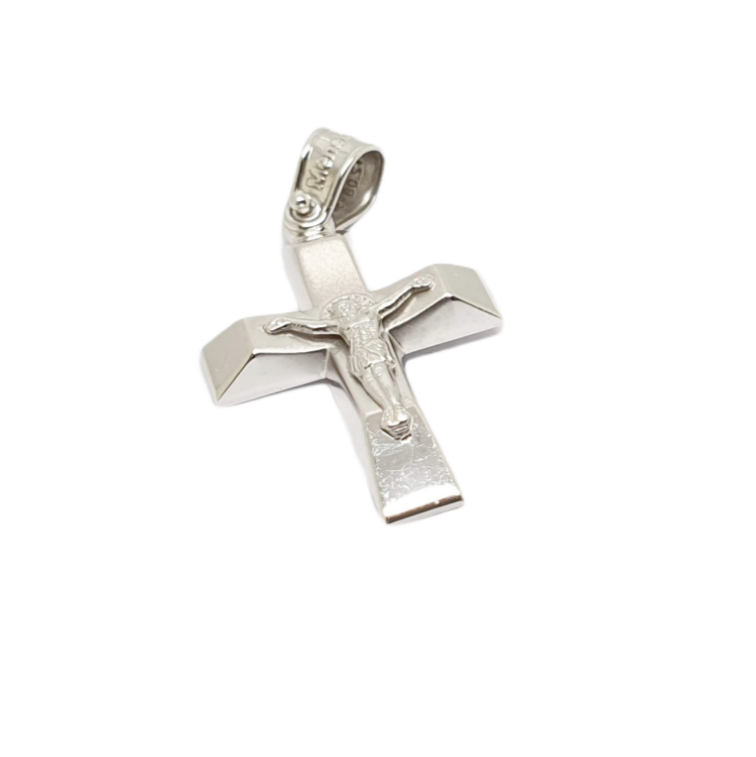 Croce in oro bianco k14 con Crocifisso (code AL1833)